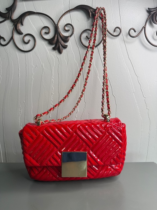 Purificacion Garcia Handbags - Purification Garcia Glossy Red Quilted Patent Shoulder Bag with Chain Strap
